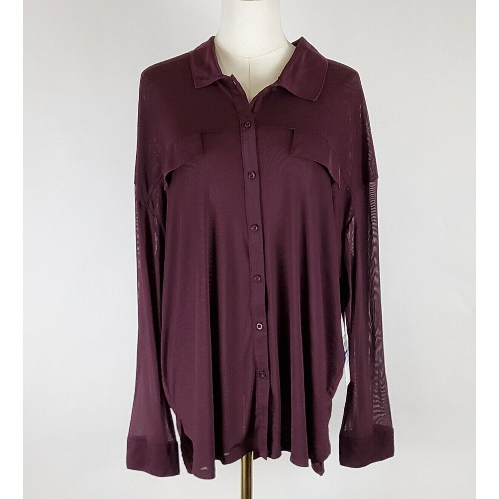 Calvin Klein Top Womens XL Plum Chiffon Long Sleeve Casual Button Up Blouse NWT - Picture 2 of 11